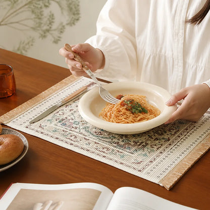 Placemat Woven Cotton Yarn Fringes & Reinforced Hem