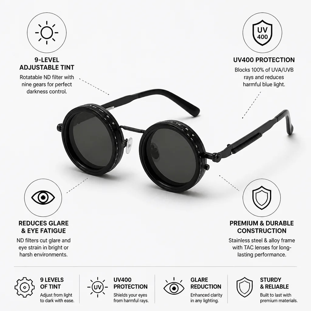 Round Sunglasses 9-Level Adjustable Tint UV400