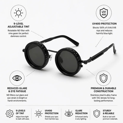 Round Sunglasses 9-Level Adjustable Tint UV400