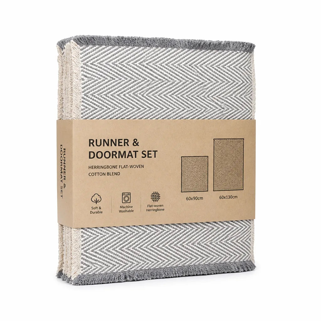Runner & Doormat Set Herringbone Flat-Woven Cotton Blend