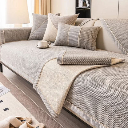 Sectional Sofa Cover Quilted Cotton-Linen Non-Slip Stain-Resistant