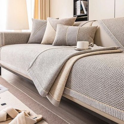 Sectional Sofa Cover Quilted Cotton-Linen Non-Slip Stain-Resistant