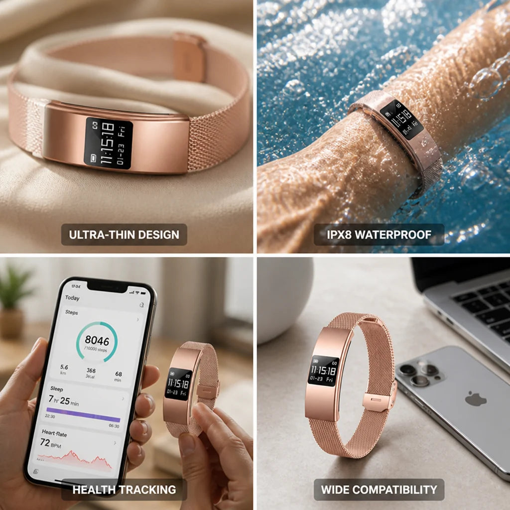 Smart Watch Ultra-Thin IPX8 Waterproof Step & Sleep Tracker