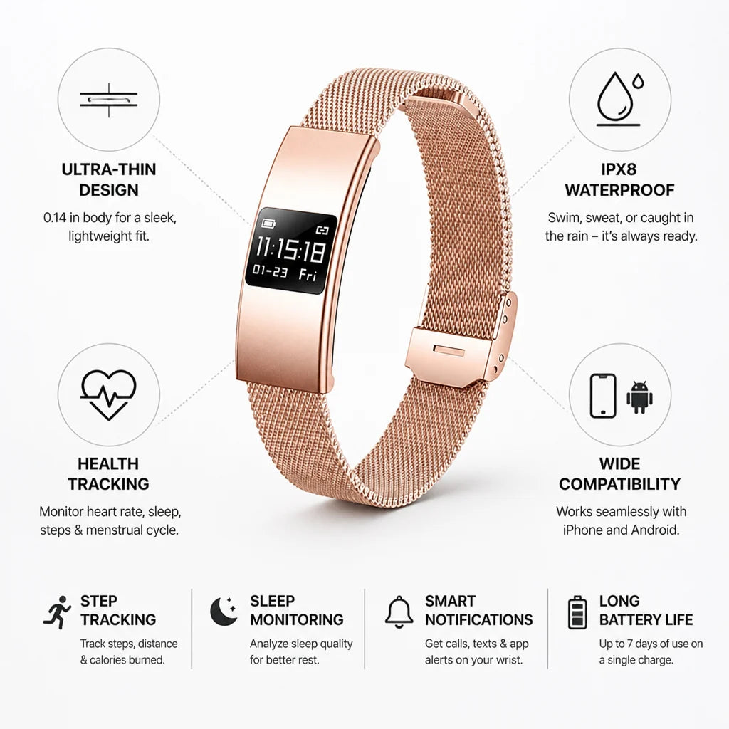 Smart Watch Ultra-Thin IPX8 Waterproof Step & Sleep Tracker