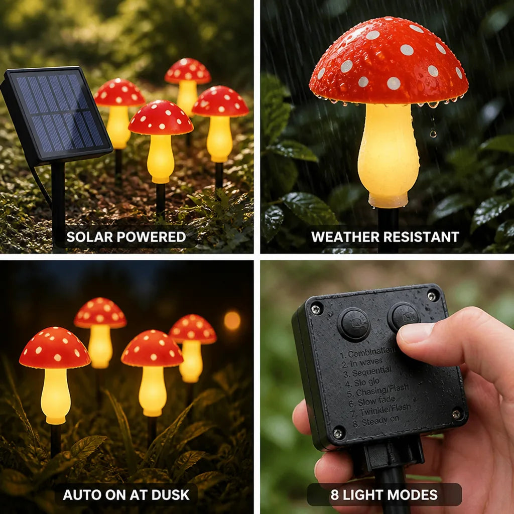 Solar String Lights Mushroom Bulbs Solar-Powered & 8 Modes