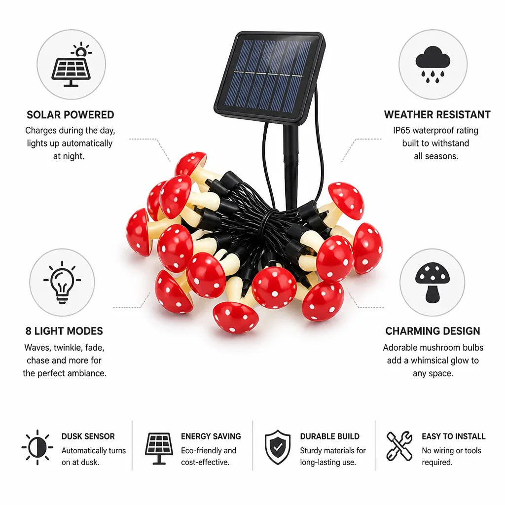 Solar String Lights Mushroom Bulbs Solar-Powered & 8 Modes