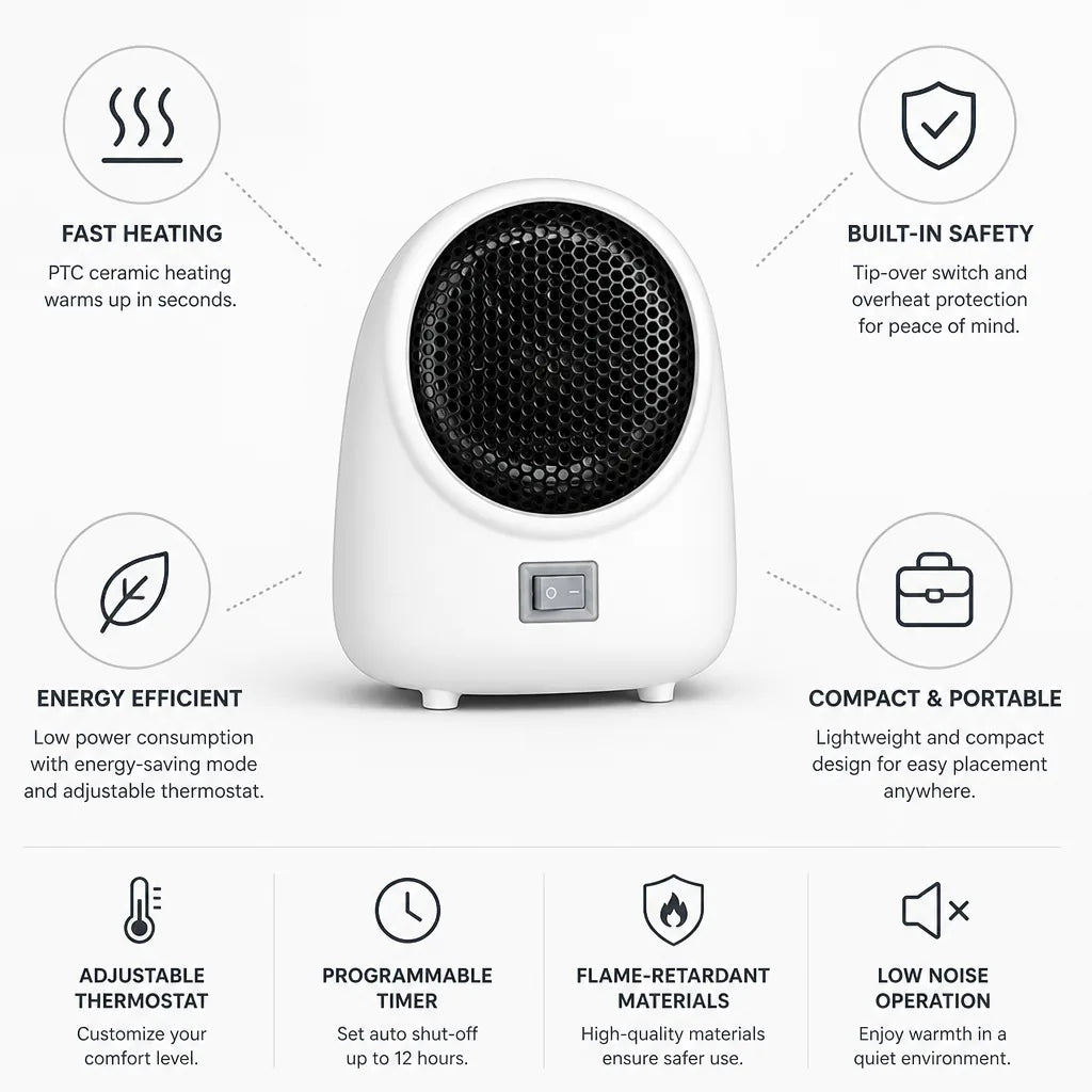 Space Heater Compact PTC Ceramic Tip-Over & Overheat Protection