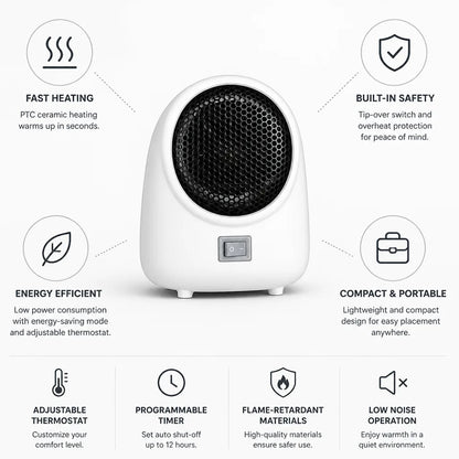 Space Heater Compact PTC Ceramic Tip-Over & Overheat Protection