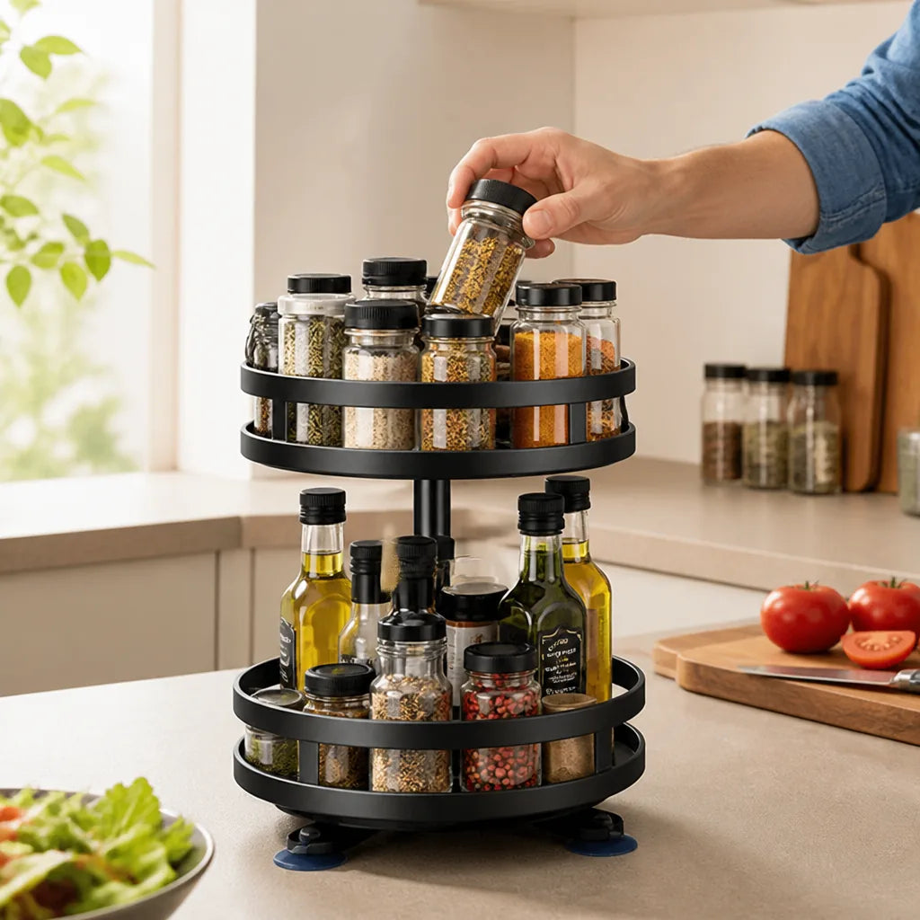 Spice Rack Organizer 360 Degree Rotating Height-Adjustable Shelves