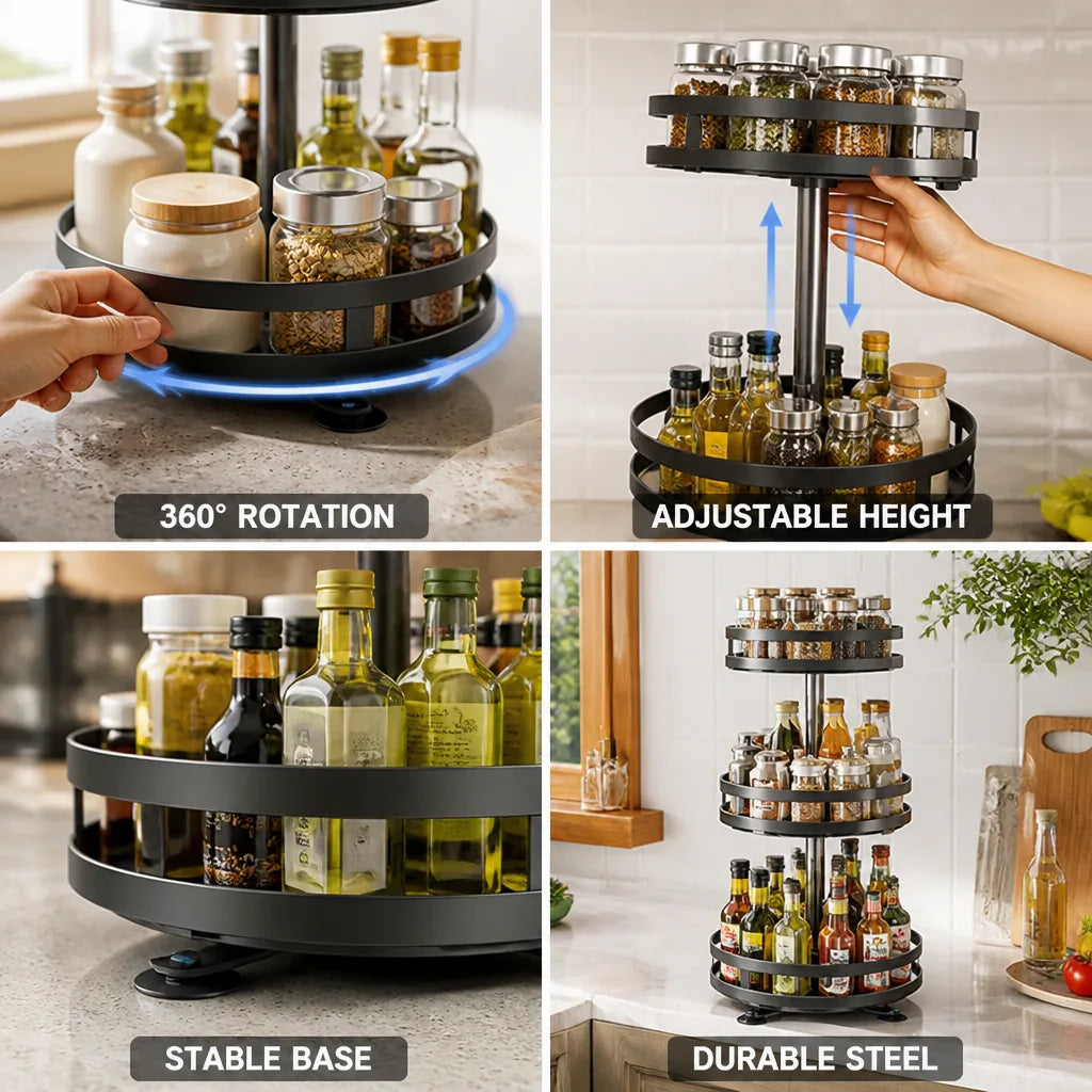 Spice Rack Organizer 360 Degree Rotating Height-Adjustable Shelves