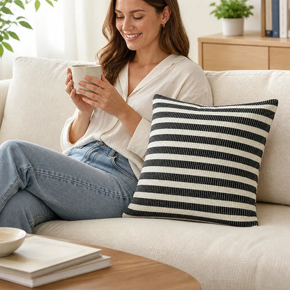 Square Pillow Cover Ribbed Cotton Blend Two-Tone Stripe 18x18