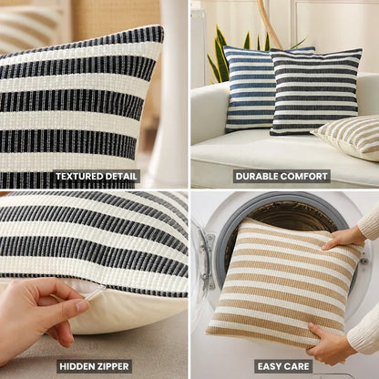 Square Pillow Cover Ribbed Cotton Blend Two-Tone Stripe 18x18