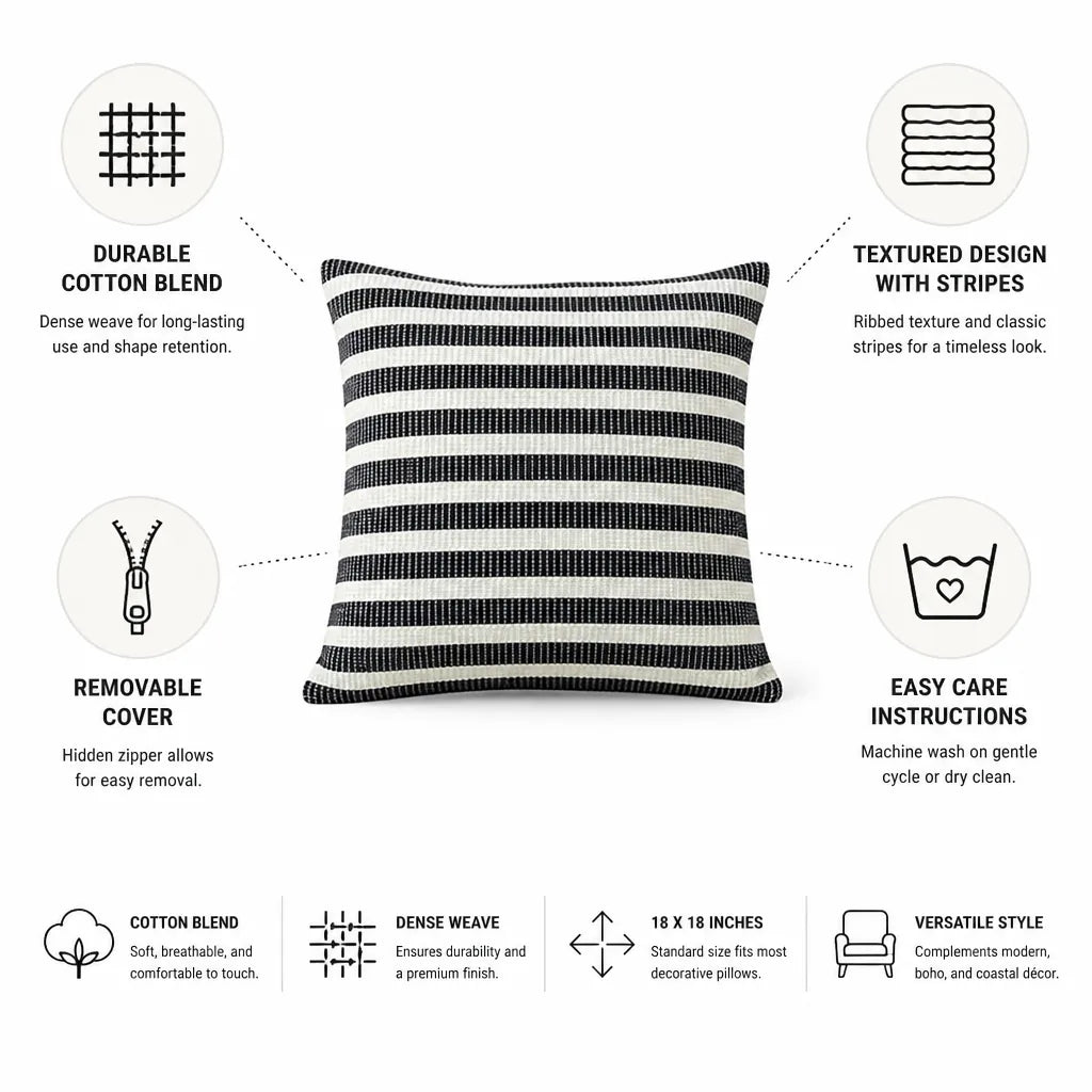 Square Pillow Cover Ribbed Cotton Blend Two-Tone Stripe 18x18