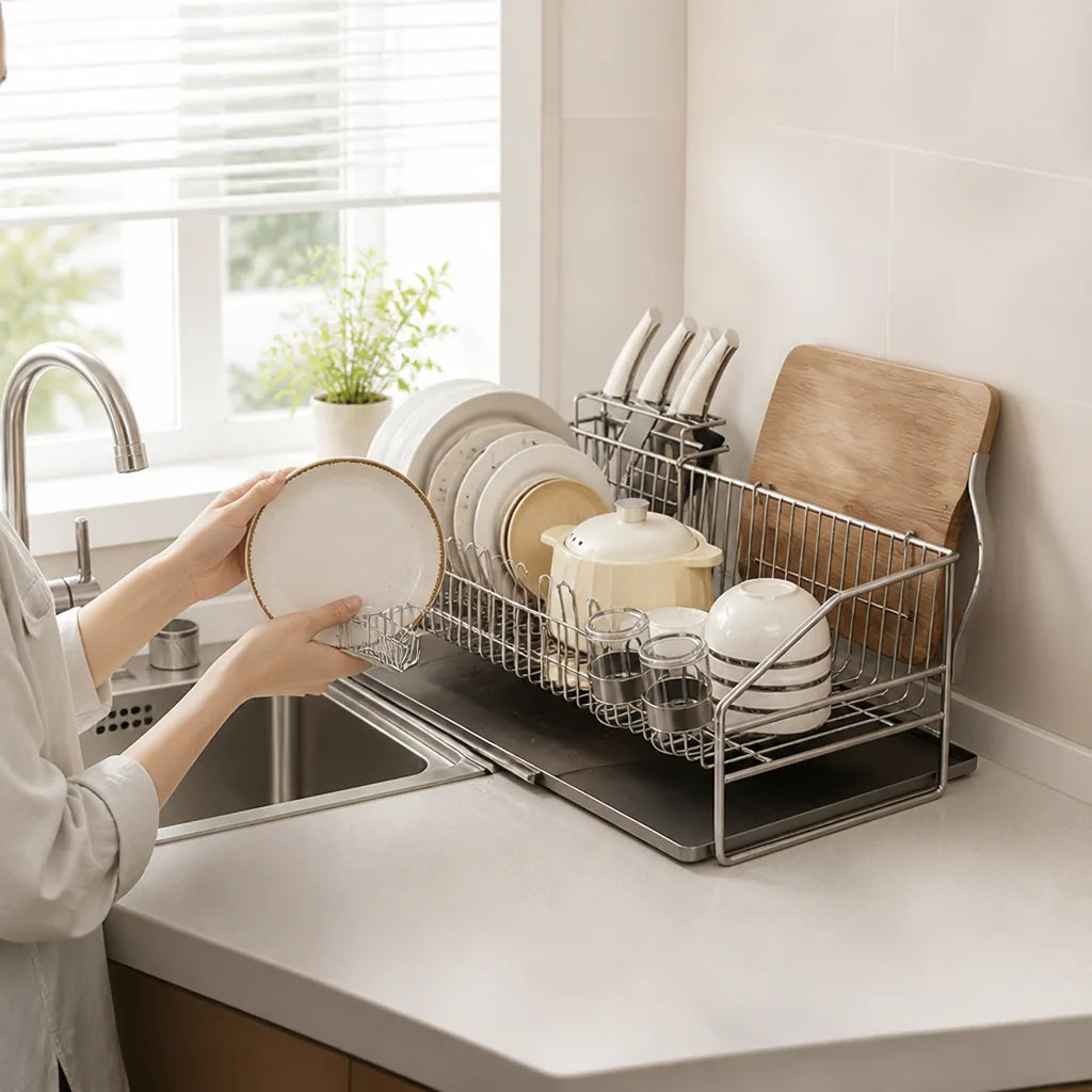 Stainless Steel Multi-Level Countertop Dish Rack with Drip Tray