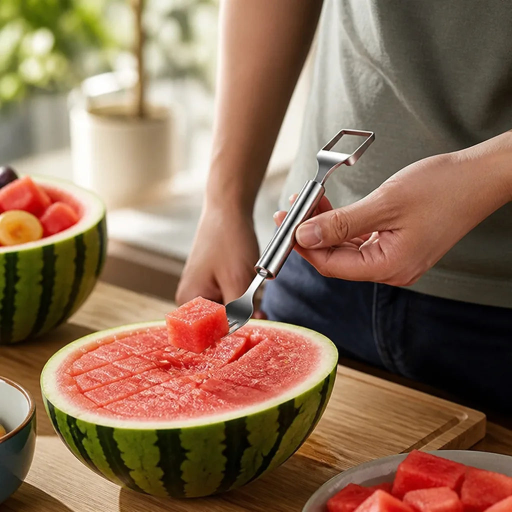 Stainless Steel Watermelon Cutter Fork (2-In-1 Cutting & Skewering)