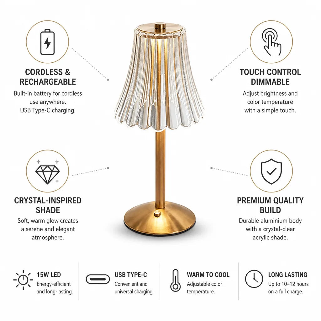 Table Lamp Cordless Rechargeable Touch Dimmable Crystal Shade