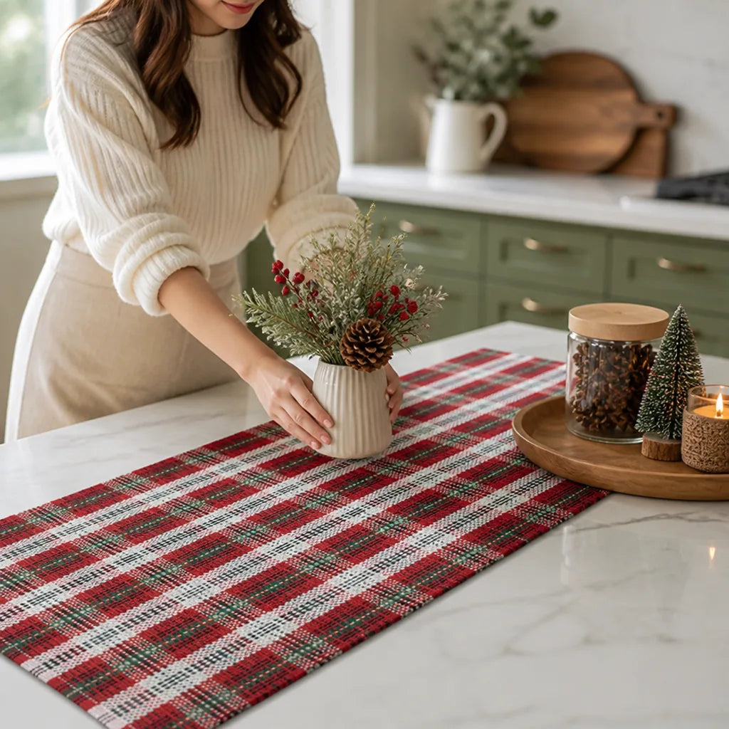 Table Runner Classic Check Handwoven Cotton Blend