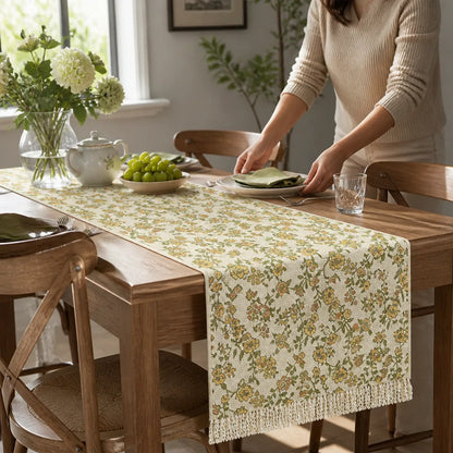 Table Runner Floral Jacquard Cotton Blend Fringed Ends