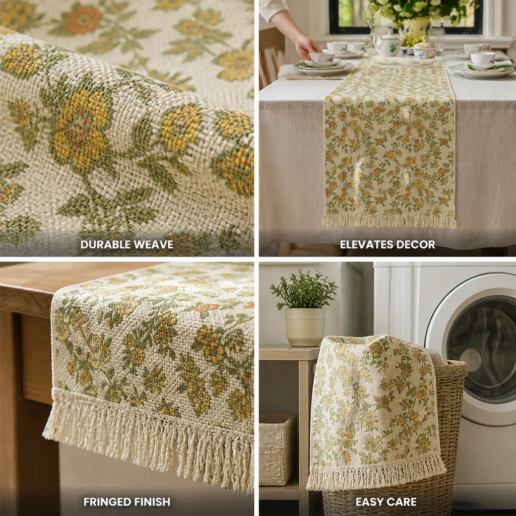 Table Runner Floral Jacquard Cotton Blend Fringed Ends