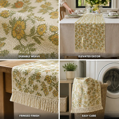 Table Runner Floral Jacquard Cotton Blend Fringed Ends