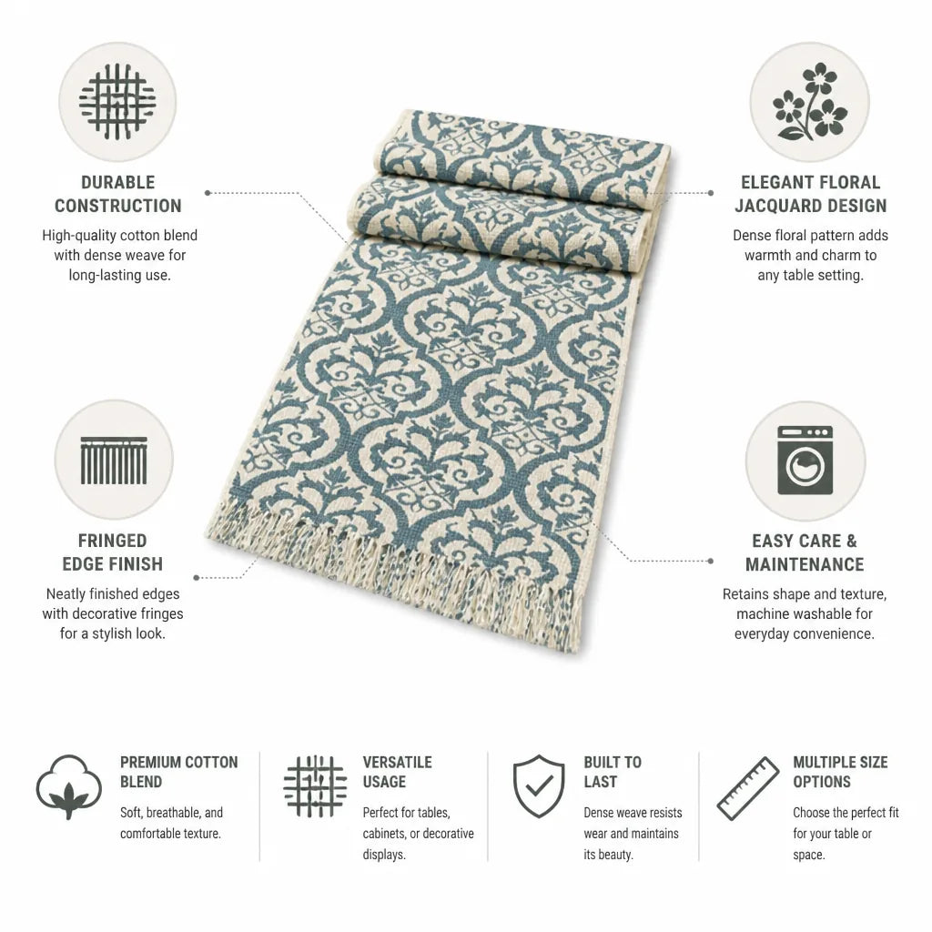 Table Runner Floral Jacquard Cotton Blend Fringed Ends