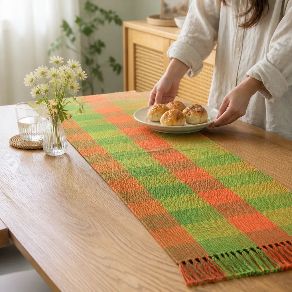 Table Runner Handwoven Checkered Cotton Blend Fringed Edges