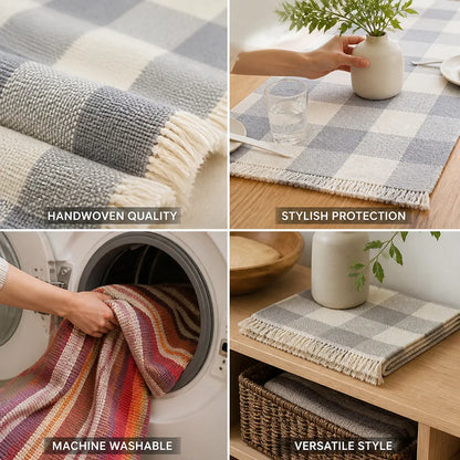 Table Runner Handwoven Checkered Cotton Blend Fringed Edges