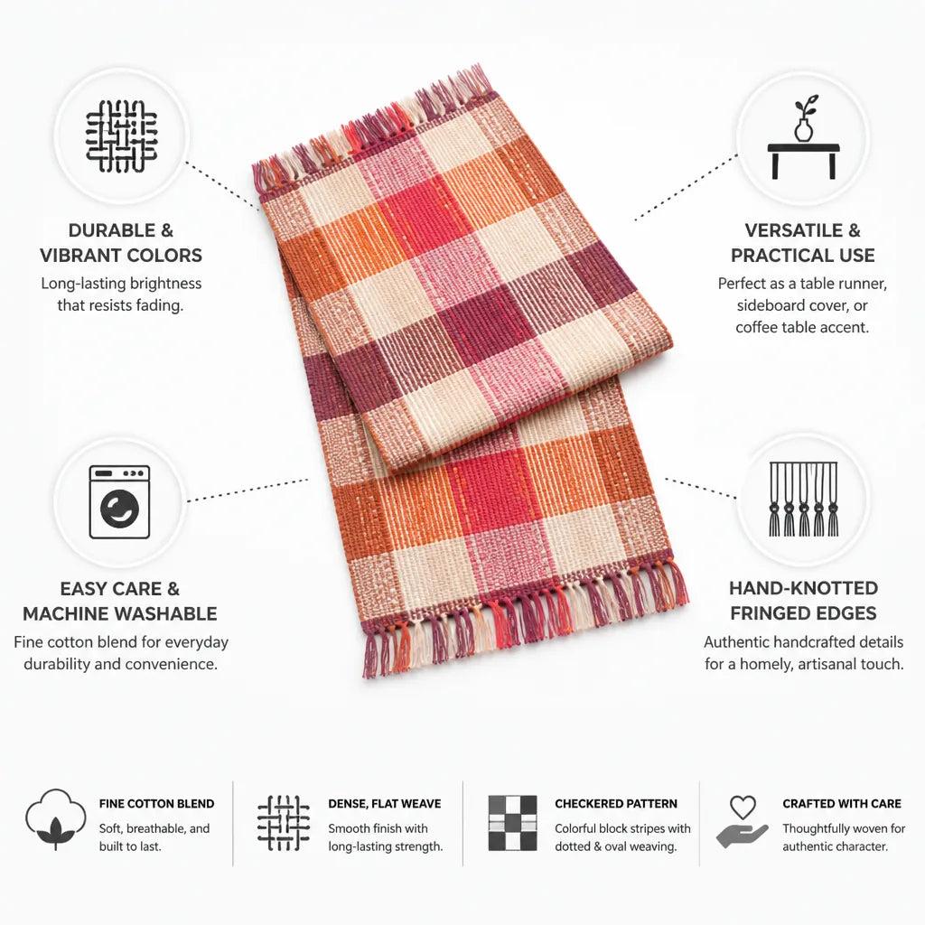 Table Runner Handwoven Checkered Cotton Blend Fringed Edges