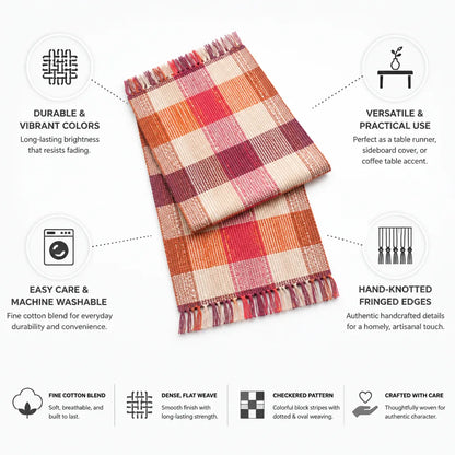 Table Runner Handwoven Checkered Cotton Blend Fringed Edges