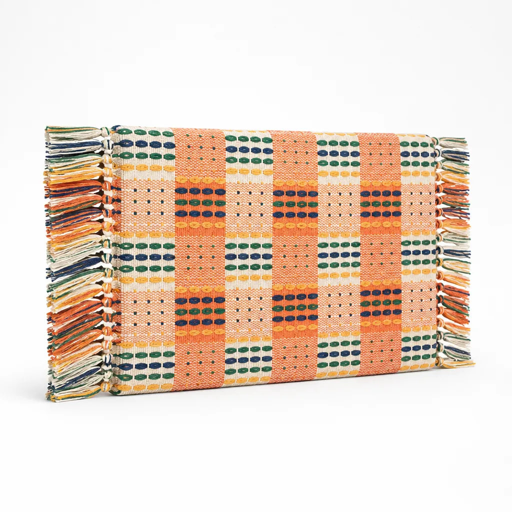 Table Runner Handwoven Checkered Cotton Blend Fringed Edges