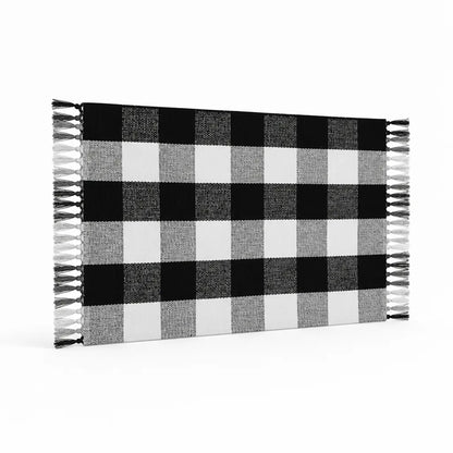 Table Runner Handwoven Checkered Cotton Blend Fringed Edges