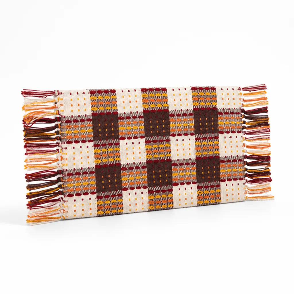 Table Runner Handwoven Checkered Cotton Blend Fringed Edges