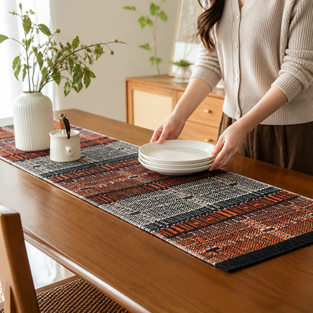Table Runner Handwoven Cotton Blend Fringed Ends