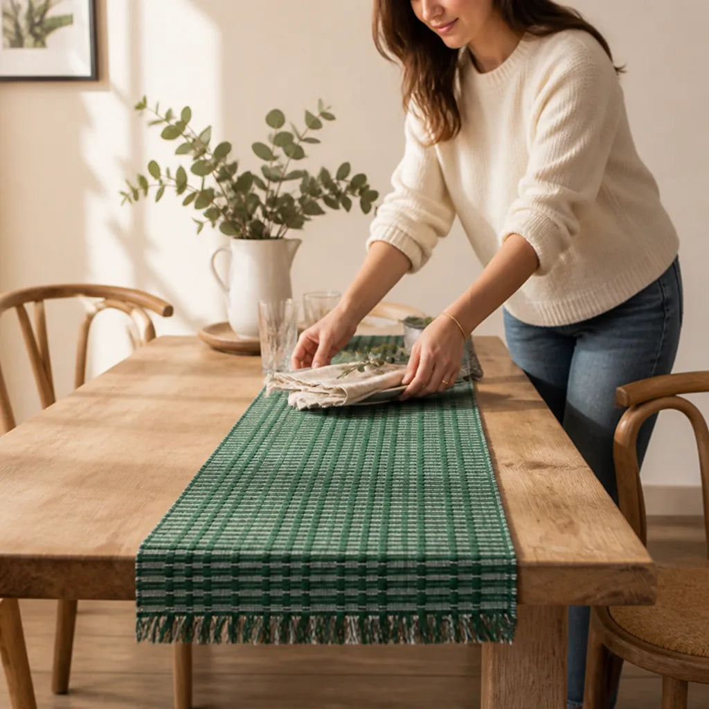 Table Runner Handwoven Cotton Fringed Ends