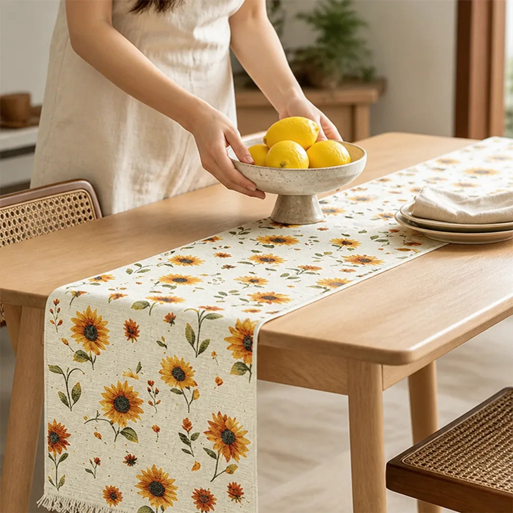 Table Runner Woven Cotton Blend Floral Embroidery Fringed Edges