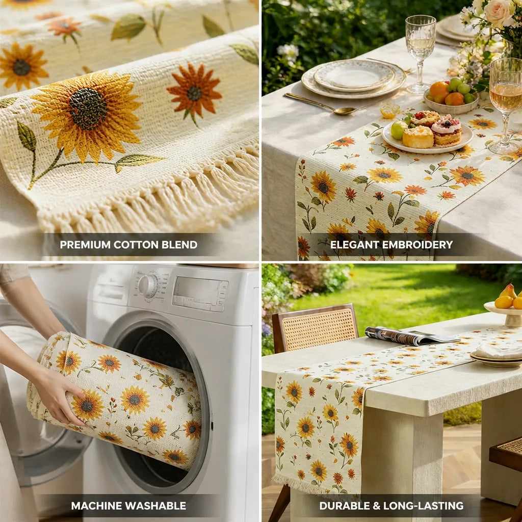 Table Runner Woven Cotton Blend Floral Embroidery Fringed Edges