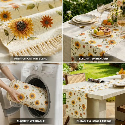 Table Runner Woven Cotton Blend Floral Embroidery Fringed Edges