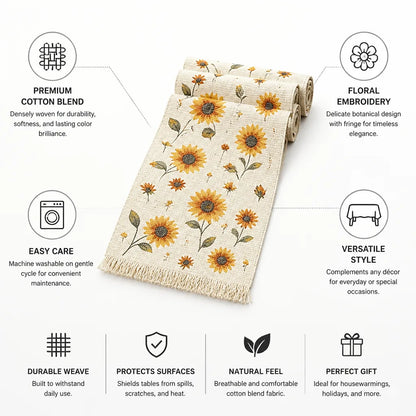 Table Runner Woven Cotton Blend Floral Embroidery Fringed Edges