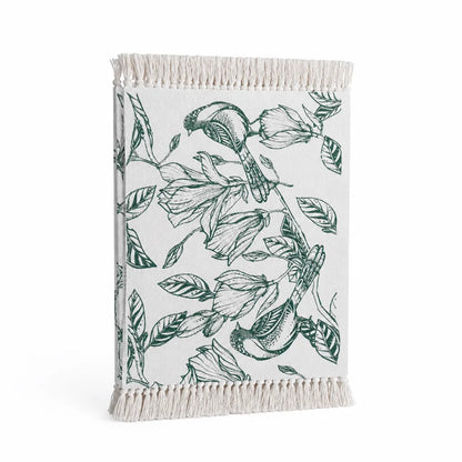 Table Runner Woven Cotton Botanical Bird Print Fringed Edges
