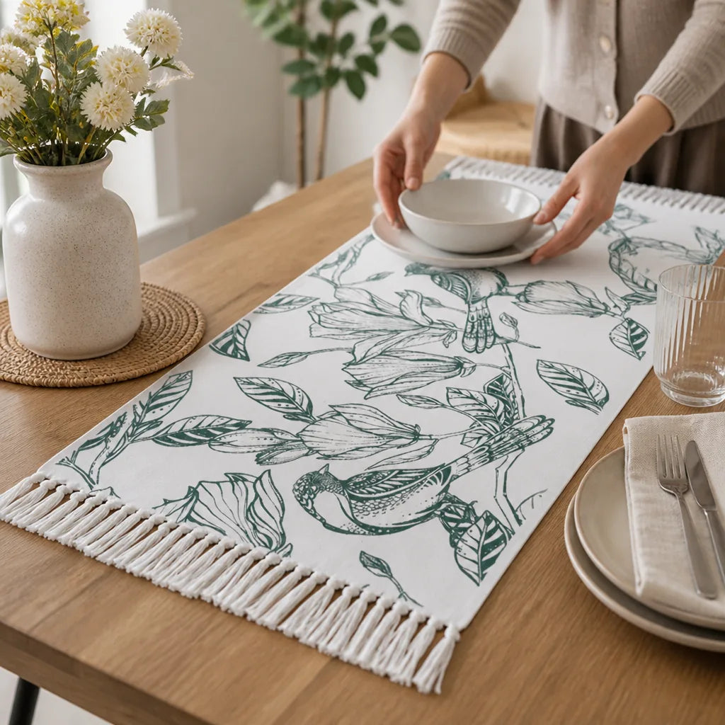 Table Runner Woven Cotton Botanical Bird Print Fringed Edges