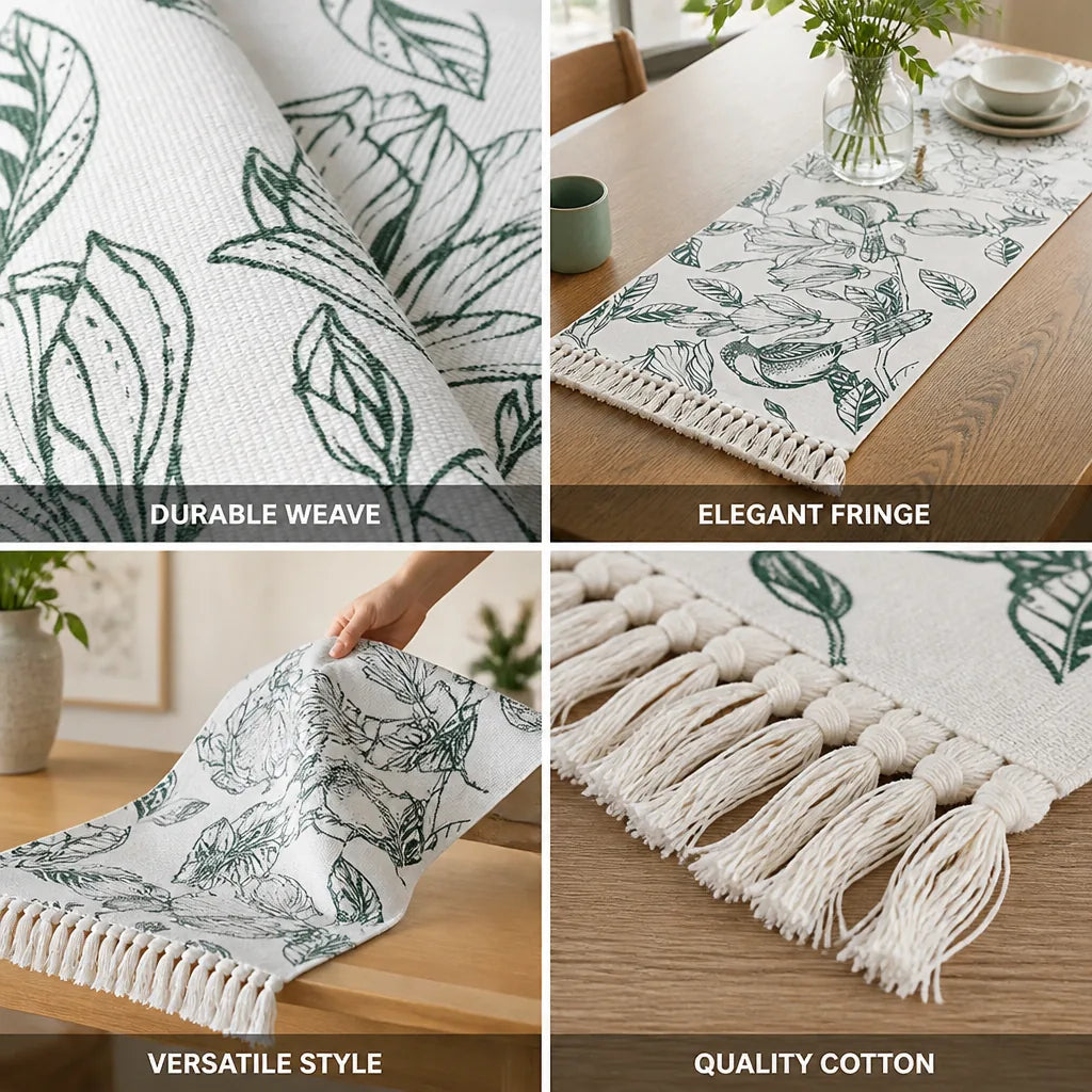 Table Runner Woven Cotton Botanical Bird Print Fringed Edges