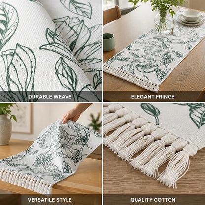 Table Runner Woven Cotton Botanical Bird Print Fringed Edges