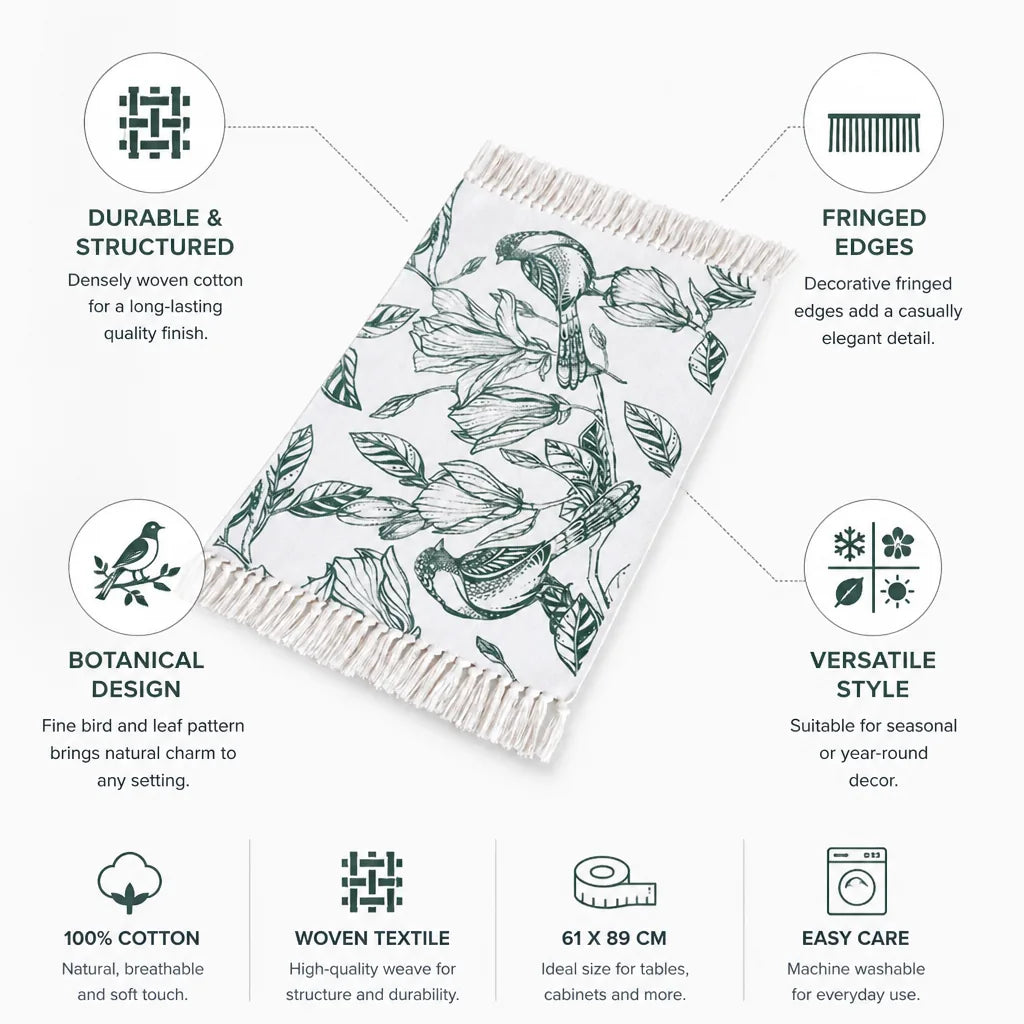 Table Runner Woven Cotton Botanical Bird Print Fringed Edges