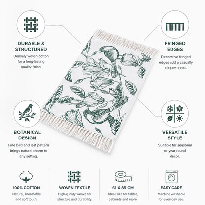 Table Runner Woven Cotton Botanical Bird Print Fringed Edges