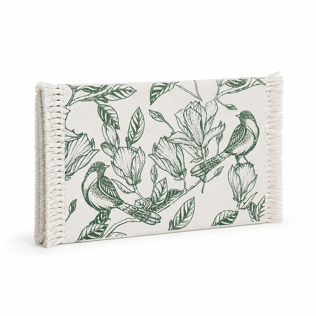Table Runner Woven Cotton Botanical Bird Print Fringed Edges