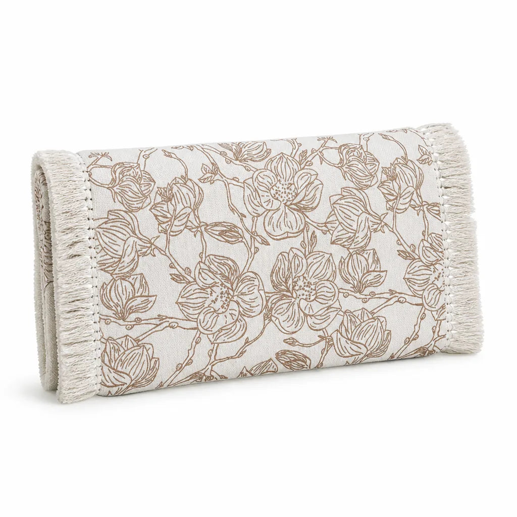 Table Runner Woven Cotton Botanical Bird Print Fringed Edges