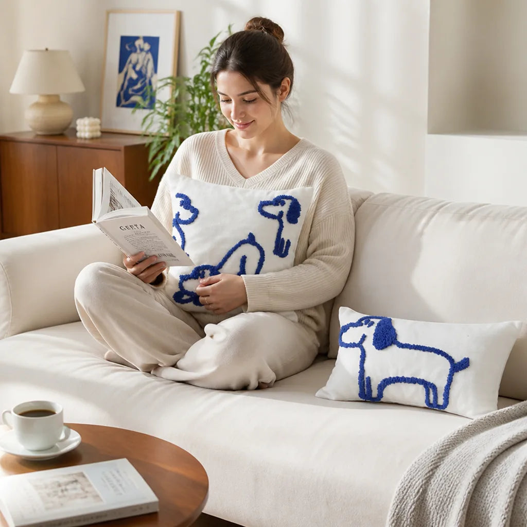 Throw Pillow Cover Hand-Tufted Dog Motif Cotton Canvas Tassels