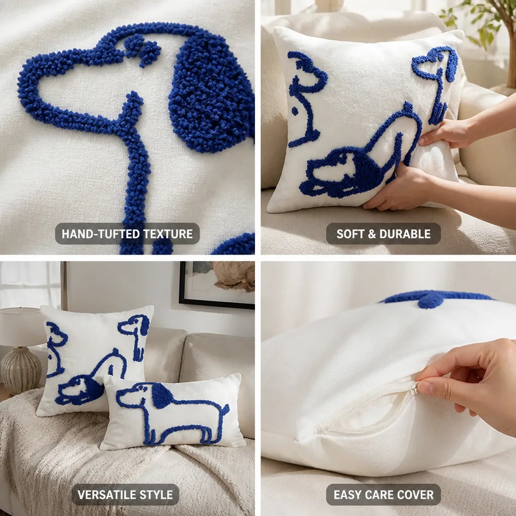 Throw Pillow Cover Hand-Tufted Dog Motif Cotton Canvas Tassels
