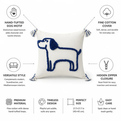 Throw Pillow Cover Hand-Tufted Dog Motif Cotton Canvas Tassels