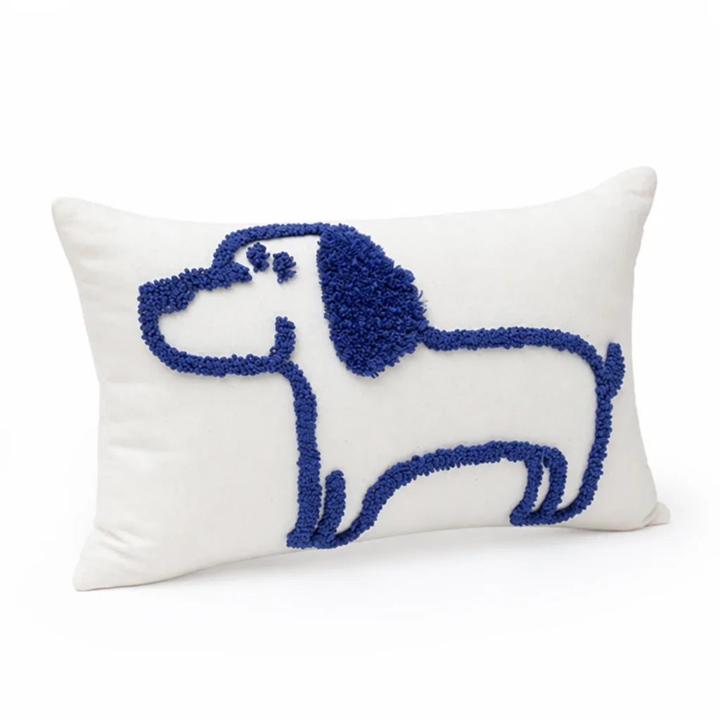 Throw Pillow Cover Hand-Tufted Dog Motif Cotton Canvas Tassels